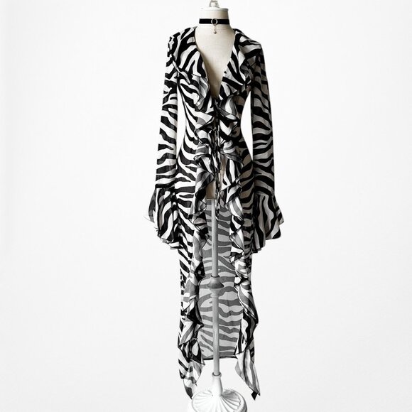 Black White Zebra Print Long Bell Sleeves Ruffle Maxi Cardigan Dress Size S - Picture 3 of 9